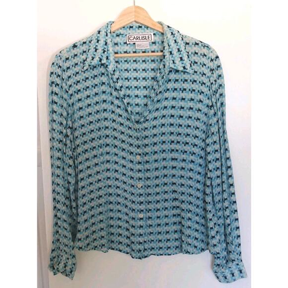 Vintage Carlisle Shirt Womens Medium 100% Silk Button Up Blue Printed Blouse - Picture 1 of 8